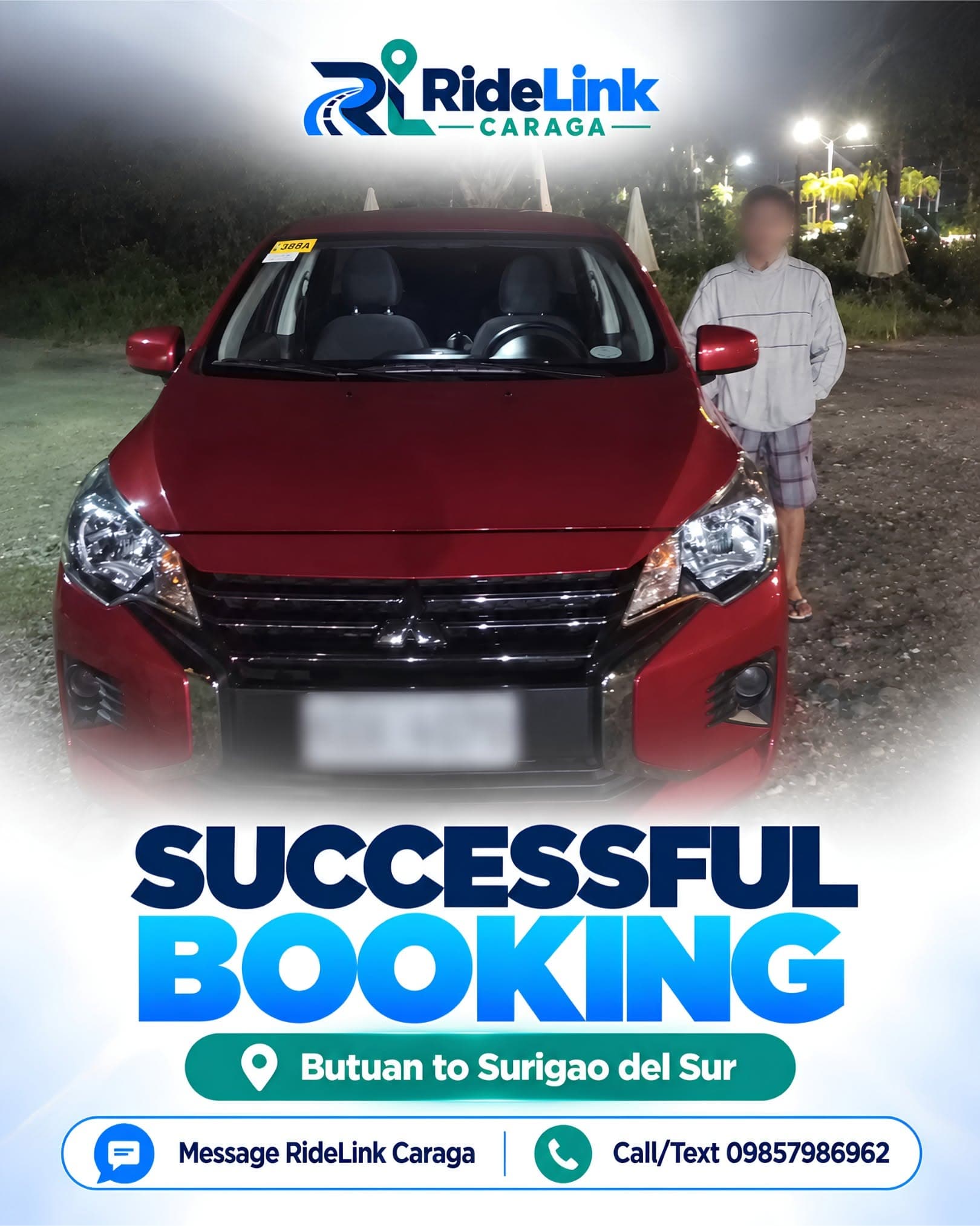 Customer beside a red rental hatchback at night before a trip from Butuan to Surigao del Sur. Face and plate blurred.